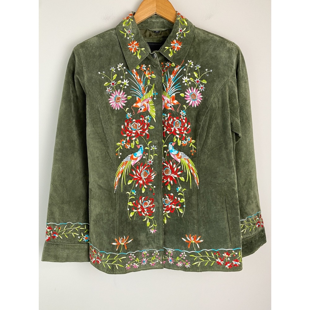 Avanti Womens Suede Embroidered Jacket XS Green Bird Floral Indie‎ Artsy Unique
